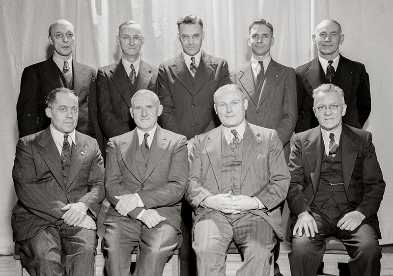 Town Council 1945, Seated: Ald. Ross Eaton, Reeve Art Young, Mayor Allan Wilford, Ald. Alf. Roos. Back Row: Ald George Sims, Ald. Joseph Smith, Town Clerk George Woods, Ald. Cameron Macnab, Ald. Chris. From.